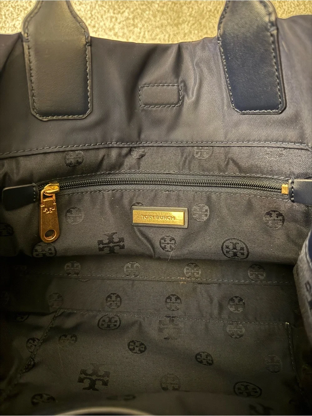 Tory Burch Small Navy Ella Tote with Leather Trim